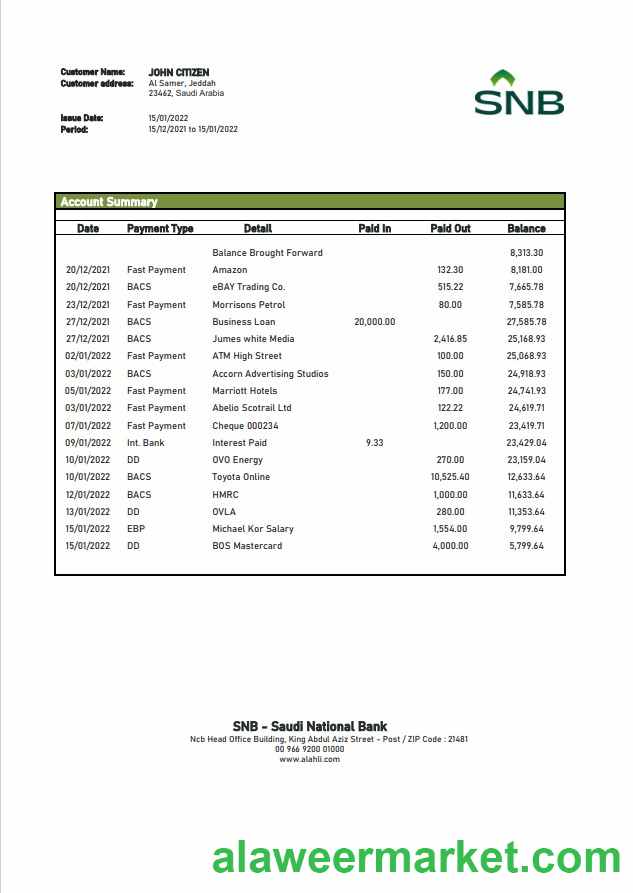 Saudi Arabia SNB bank statement